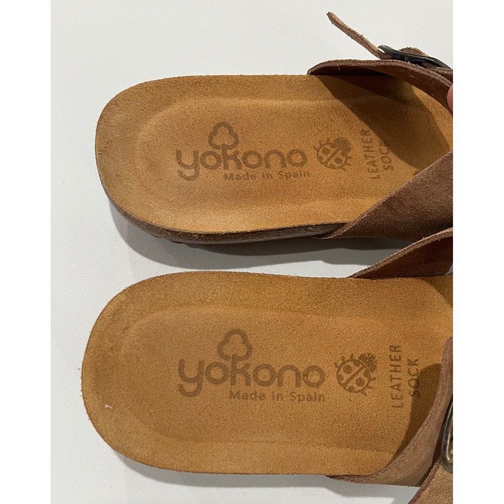 Yokono Leather Sandals Women's Buckle Suede Strap Slides Cork Footbed Tan Brown - Picture 5 of 7